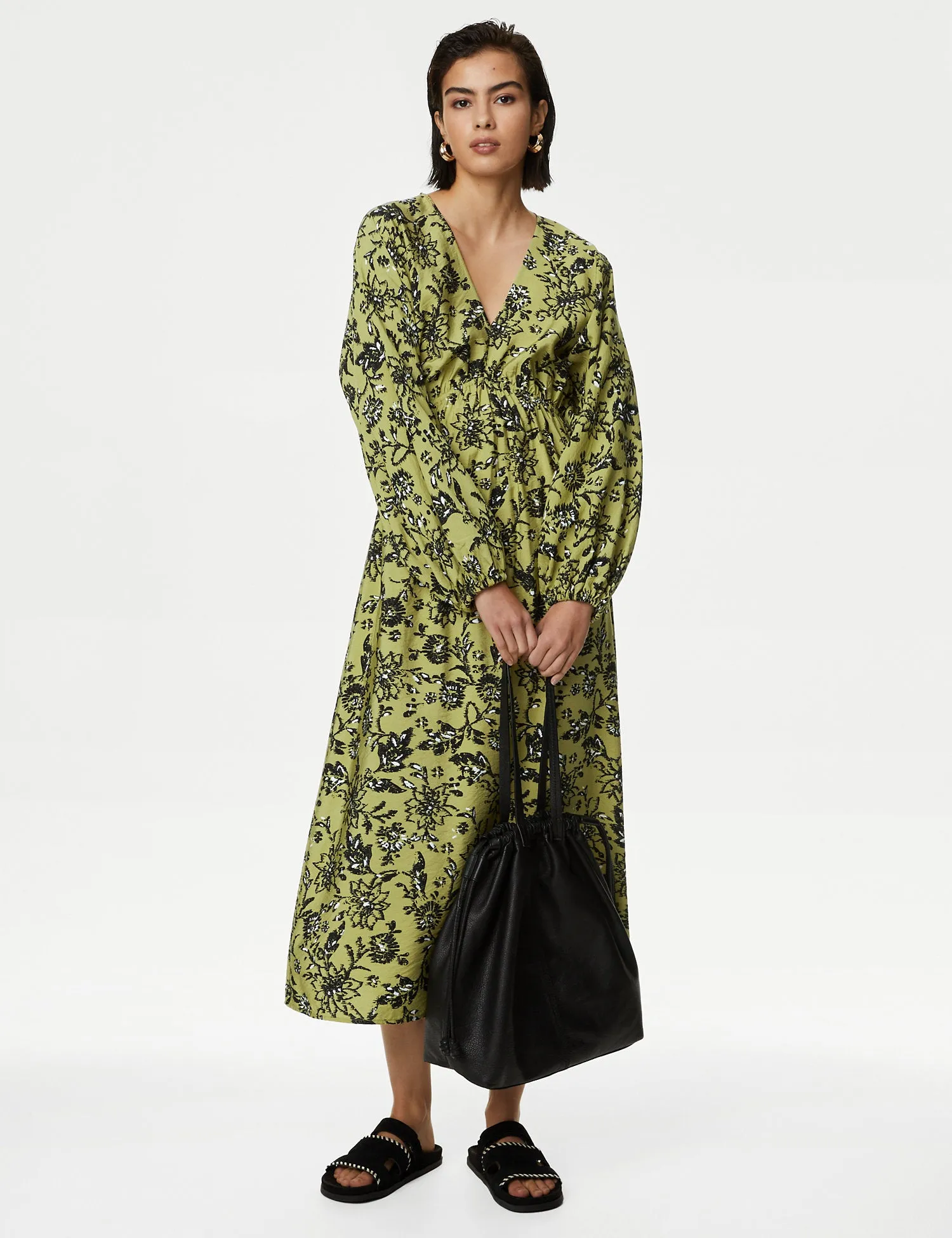 Printed V-Neck Midaxi Waisted Dress